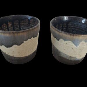 2 Hand Thrown Studio Art Pottery Raku Style Cup Set VTG 1950s Salt Glaze Signed